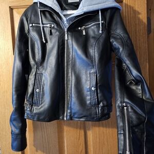 Black Faux Leather Jacket with Hoodie